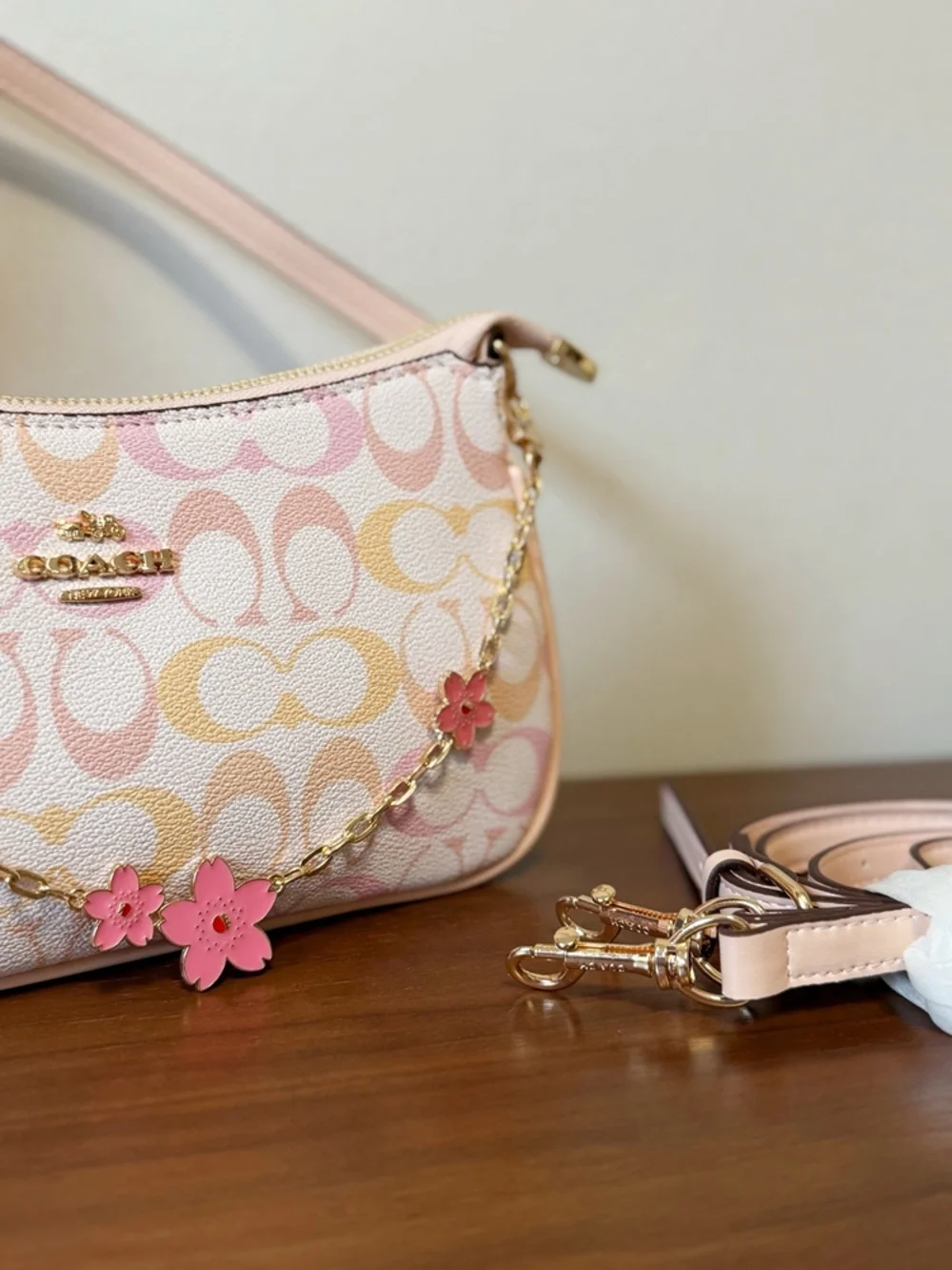 Coach Pink Pastel Signature Shoulder Bag with Cherry Blossom Chain